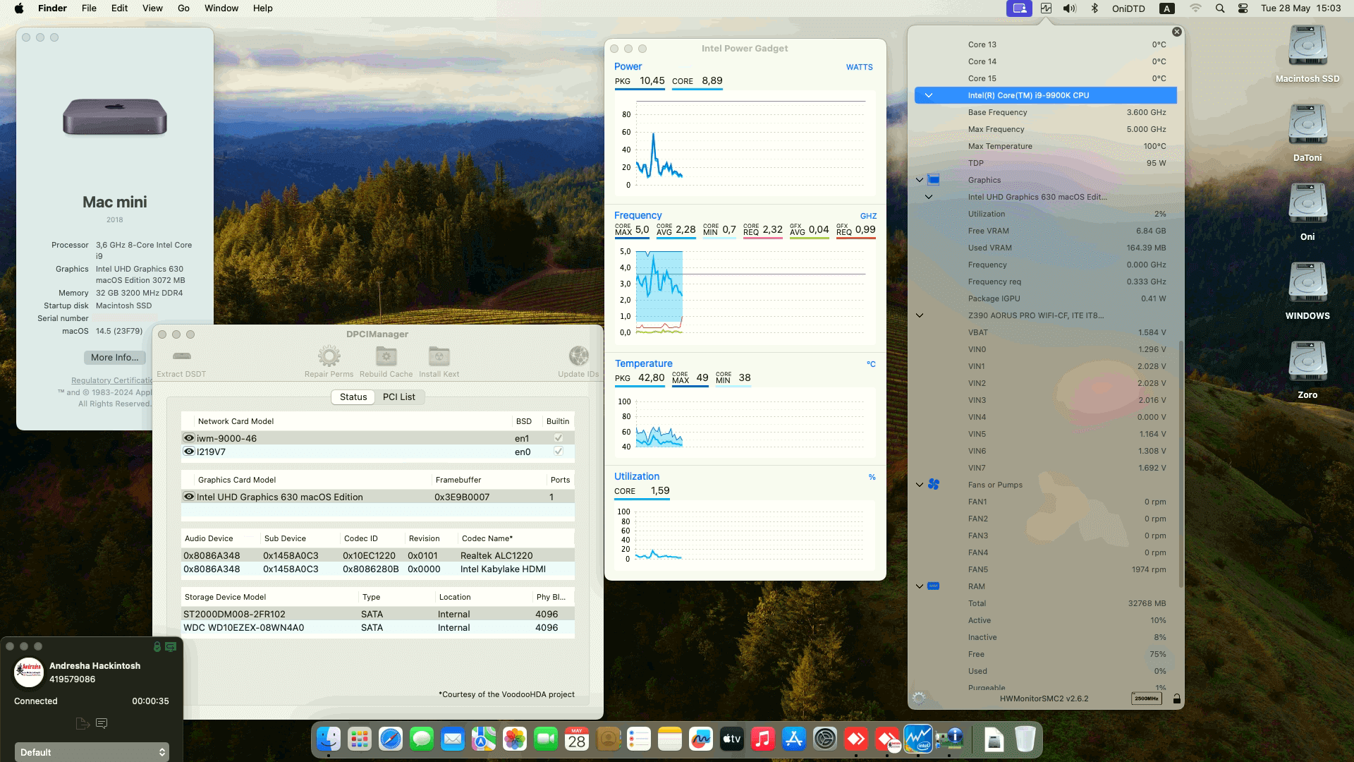 Success Hackintosh macOS Sonoma 14.5 Build 23F79 in Gigabyte Z390 Aorus Pro Wifi + Intel Core i9 9900K
